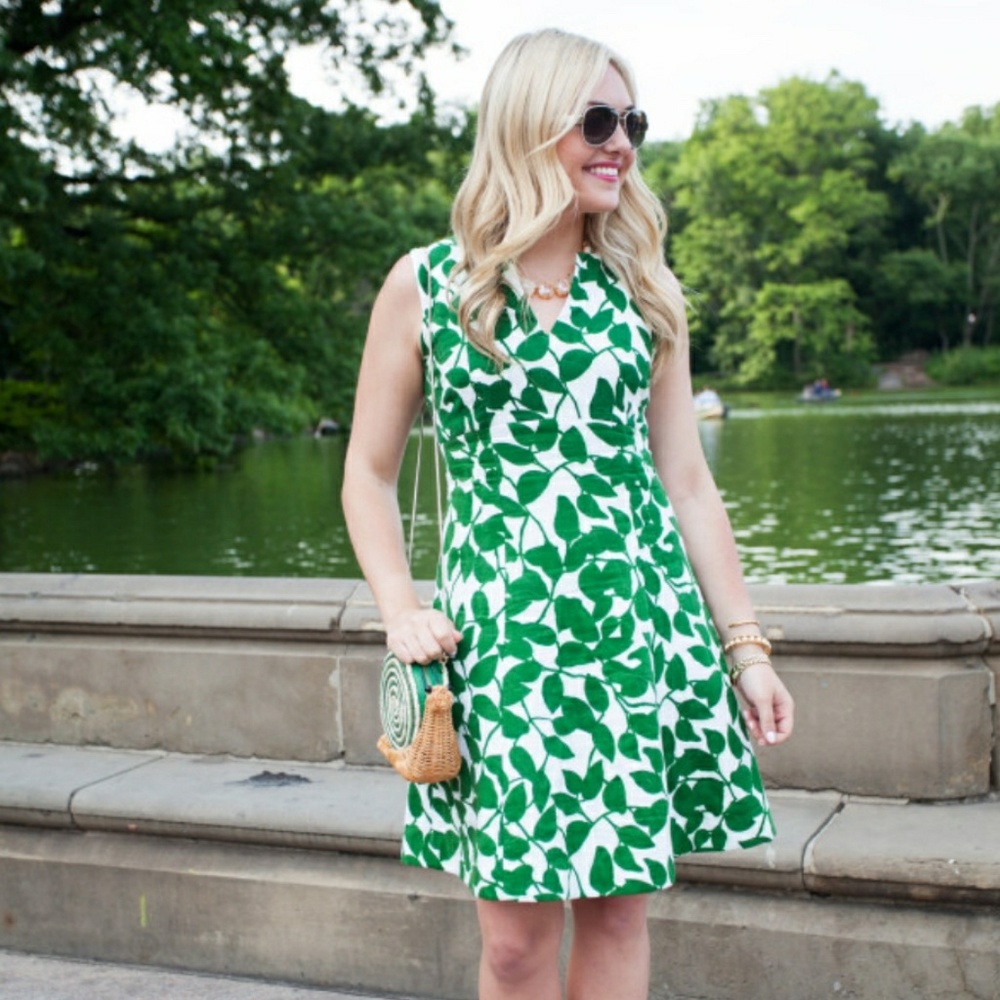 Kate Spade Green Garden Leaves Pique A- Line Dress